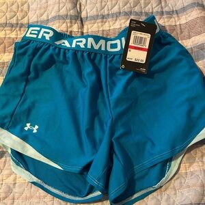 Under Armour Blue Athletic Shorts with Curved Hem and Elastic Waistband